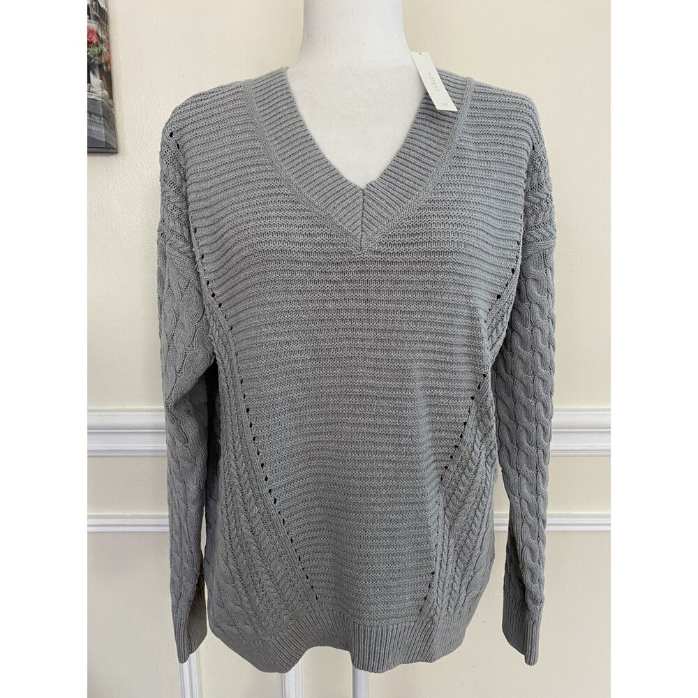 Caslon V-Neck Cable Sweater,gray women size S Cotton Blend A003031 - Picture 3 of 7